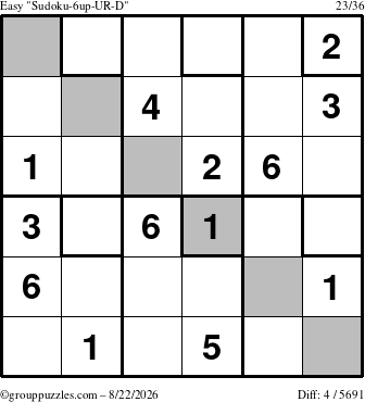 The grouppuzzles.com Easy Sudoku-6up-UR-D puzzle for Saturday August 22, 2026