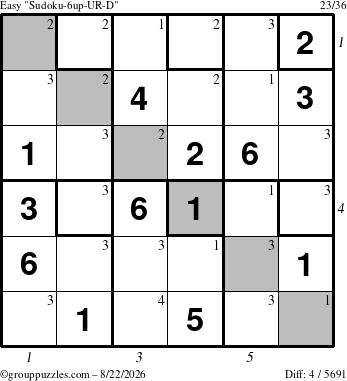 The grouppuzzles.com Easy Sudoku-6up-UR-D puzzle for Saturday August 22, 2026, suitable for printing, with all 4 steps marked