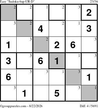 The grouppuzzles.com Easy Sudoku-6up-UR-D puzzle for Saturday August 22, 2026 with the first 3 steps marked