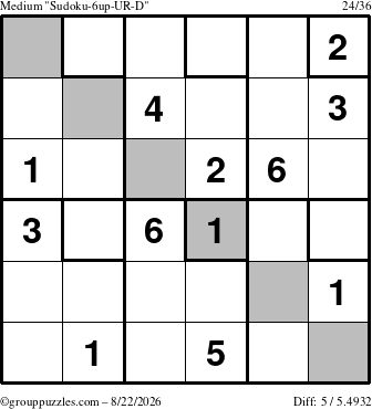 The grouppuzzles.com Medium Sudoku-6up-UR-D puzzle for Saturday August 22, 2026