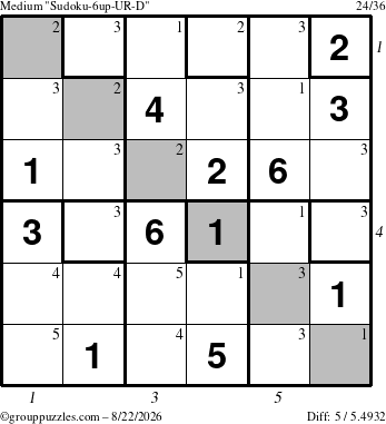 The grouppuzzles.com Medium Sudoku-6up-UR-D puzzle for Saturday August 22, 2026 with all 5 steps marked