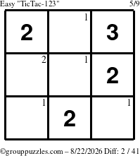 The grouppuzzles.com Easy TicTac-123 puzzle for Saturday August 22, 2026 with the first 2 steps marked