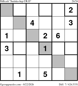 The grouppuzzles.com Difficult Sudoku-6up-UR-D puzzle for Saturday August 22, 2026