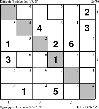 The grouppuzzles.com Difficult Sudoku-6up-UR-D puzzle for Saturday August 22, 2026 with all 7 steps marked