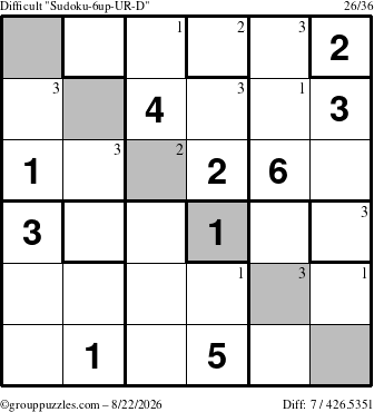 The grouppuzzles.com Difficult Sudoku-6up-UR-D puzzle for Saturday August 22, 2026 with the first 3 steps marked