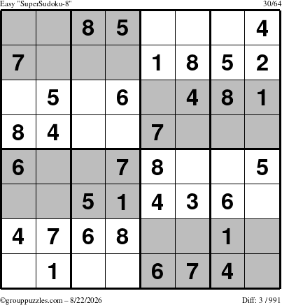 The grouppuzzles.com Easy SuperSudoku-8 puzzle for Saturday August 22, 2026