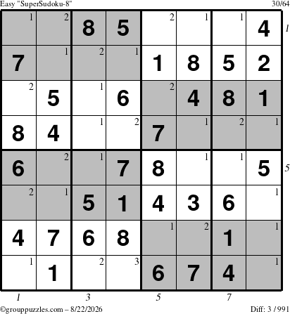 The grouppuzzles.com Easy SuperSudoku-8 puzzle for Saturday August 22, 2026, suitable for printing, with all 3 steps marked