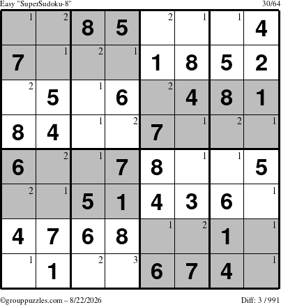 The grouppuzzles.com Easy SuperSudoku-8 puzzle for Saturday August 22, 2026 with the first 3 steps marked