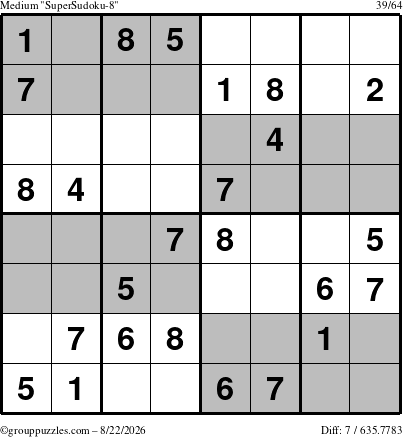 The grouppuzzles.com Medium SuperSudoku-8 puzzle for Saturday August 22, 2026
