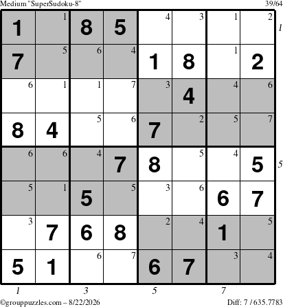The grouppuzzles.com Medium SuperSudoku-8 puzzle for Saturday August 22, 2026 with all 7 steps marked