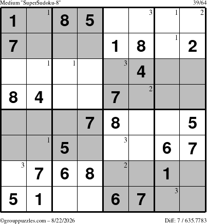The grouppuzzles.com Medium SuperSudoku-8 puzzle for Saturday August 22, 2026 with the first 3 steps marked