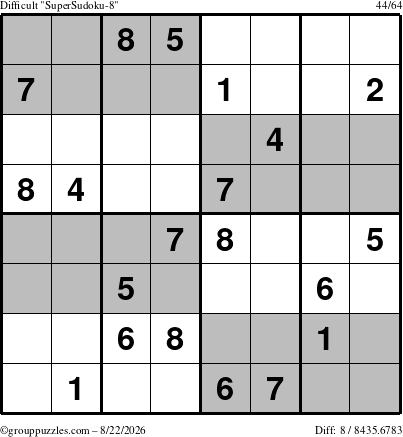 The grouppuzzles.com Difficult SuperSudoku-8 puzzle for Saturday August 22, 2026