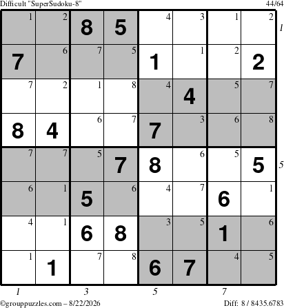 The grouppuzzles.com Difficult SuperSudoku-8 puzzle for Saturday August 22, 2026 with all 8 steps marked