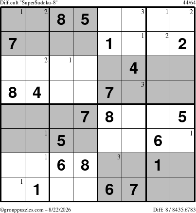 The grouppuzzles.com Difficult SuperSudoku-8 puzzle for Saturday August 22, 2026 with the first 3 steps marked