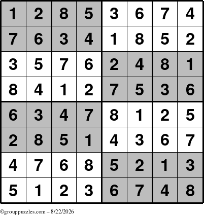 The grouppuzzles.com Answer grid for the SuperSudoku-8 puzzle for Saturday August 22, 2026