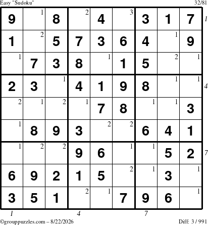 The grouppuzzles.com Easy Sudoku puzzle for Saturday August 22, 2026 with all 3 steps marked