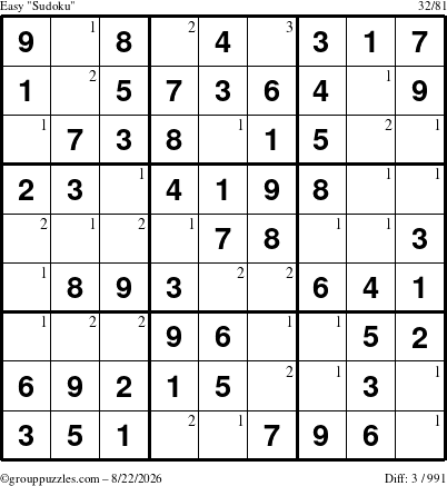 The grouppuzzles.com Easy Sudoku puzzle for Saturday August 22, 2026 with the first 3 steps marked