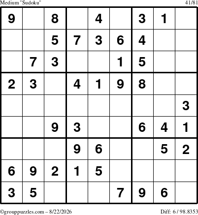 The grouppuzzles.com Medium Sudoku puzzle for Saturday August 22, 2026