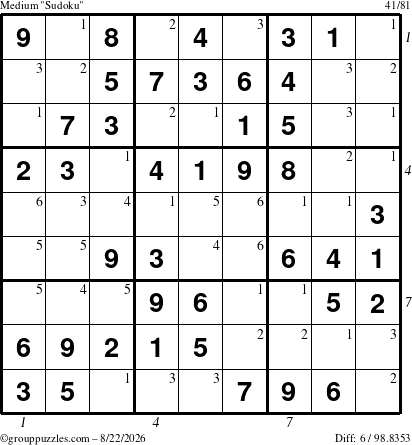 The grouppuzzles.com Medium Sudoku puzzle for Saturday August 22, 2026 with all 6 steps marked