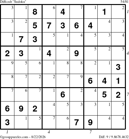 The grouppuzzles.com Difficult Sudoku puzzle for Saturday August 22, 2026 with all 9 steps marked