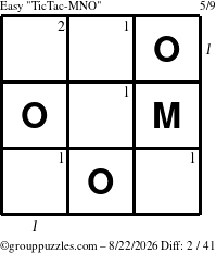 The grouppuzzles.com Easy TicTac-MNO puzzle for Saturday August 22, 2026 with all 2 steps marked