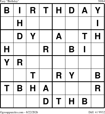 The grouppuzzles.com Easy Birthday puzzle for Saturday August 22, 2026