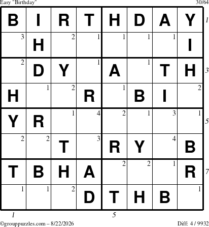 The grouppuzzles.com Easy Birthday puzzle for Saturday August 22, 2026, suitable for printing, with all 4 steps marked