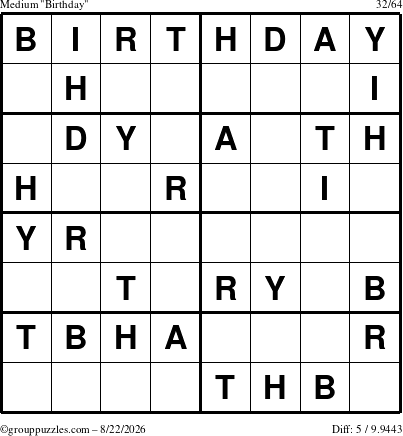 The grouppuzzles.com Medium Birthday puzzle for Saturday August 22, 2026