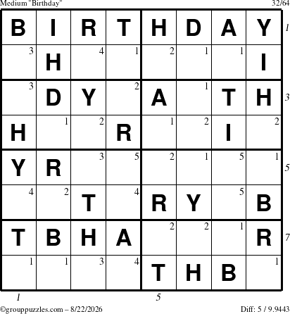 The grouppuzzles.com Medium Birthday puzzle for Saturday August 22, 2026 with all 5 steps marked