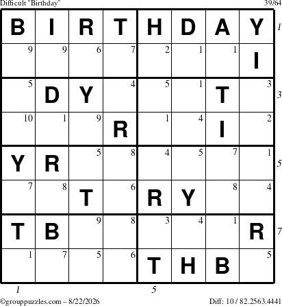 The grouppuzzles.com Difficult Birthday puzzle for Saturday August 22, 2026, suitable for printing, with all 10 steps marked