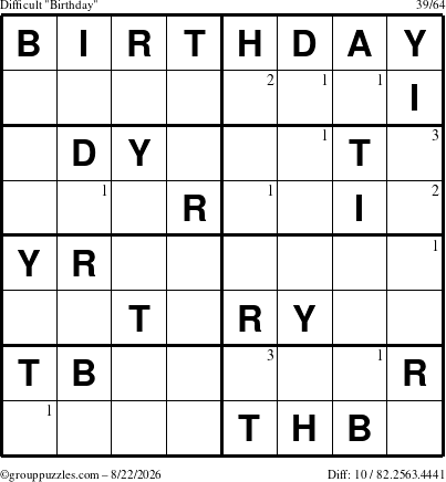 The grouppuzzles.com Difficult Birthday puzzle for Saturday August 22, 2026 with the first 3 steps marked