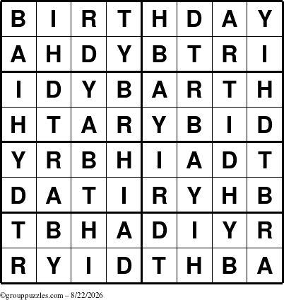 The grouppuzzles.com Answer grid for the Birthday puzzle for Saturday August 22, 2026