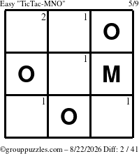 The grouppuzzles.com Easy TicTac-MNO puzzle for Saturday August 22, 2026 with the first 2 steps marked