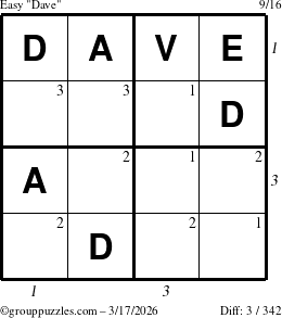 The grouppuzzles.com Easy Dave puzzle for Tuesday March 17, 2026, suitable for printing, with all 3 steps marked