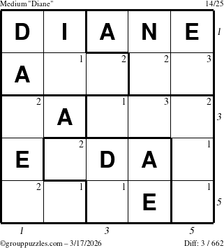 The grouppuzzles.com Medium Diane puzzle for Tuesday March 17, 2026, suitable for printing, with all 3 steps marked