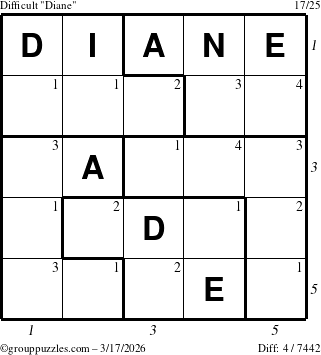 The grouppuzzles.com Difficult Diane puzzle for Tuesday March 17, 2026, suitable for printing, with all 4 steps marked