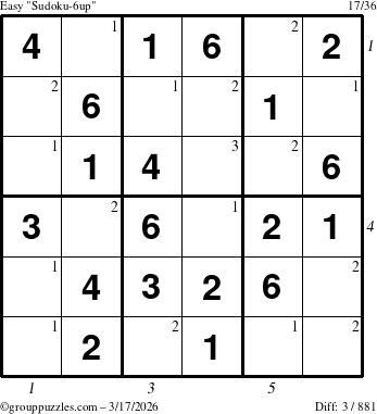 The grouppuzzles.com Easy Sudoku-6up puzzle for Tuesday March 17, 2026 with all 3 steps marked