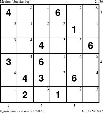 The grouppuzzles.com Medium Sudoku-6up puzzle for Tuesday March 17, 2026 with all 6 steps marked