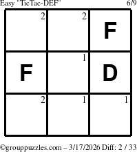 The grouppuzzles.com Easy TicTac-DEF puzzle for Tuesday March 17, 2026 with the first 2 steps marked