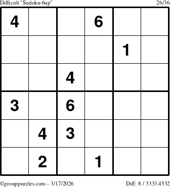 The grouppuzzles.com Difficult Sudoku-6up puzzle for Tuesday March 17, 2026