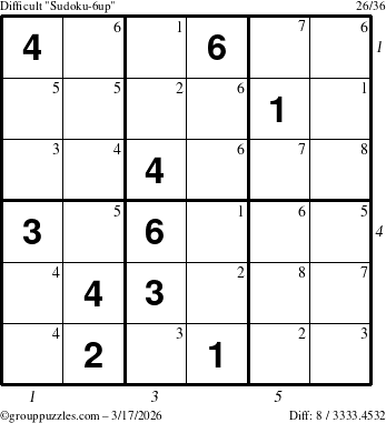 The grouppuzzles.com Difficult Sudoku-6up puzzle for Tuesday March 17, 2026, suitable for printing, with all 8 steps marked