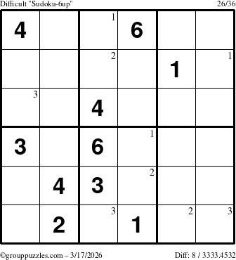 The grouppuzzles.com Difficult Sudoku-6up puzzle for Tuesday March 17, 2026 with the first 3 steps marked