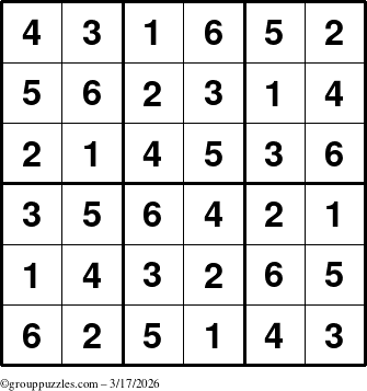 The grouppuzzles.com Answer grid for the Sudoku-6up puzzle for Tuesday March 17, 2026