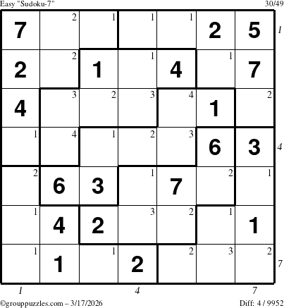 The grouppuzzles.com Easy Sudoku-7 puzzle for Tuesday March 17, 2026, suitable for printing, with all 4 steps marked