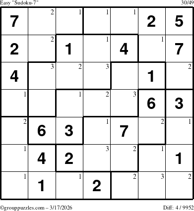 The grouppuzzles.com Easy Sudoku-7 puzzle for Tuesday March 17, 2026 with the first 3 steps marked