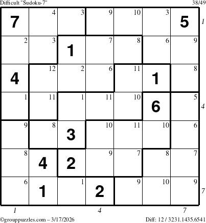 The grouppuzzles.com Difficult Sudoku-7 puzzle for Tuesday March 17, 2026 with all 12 steps marked