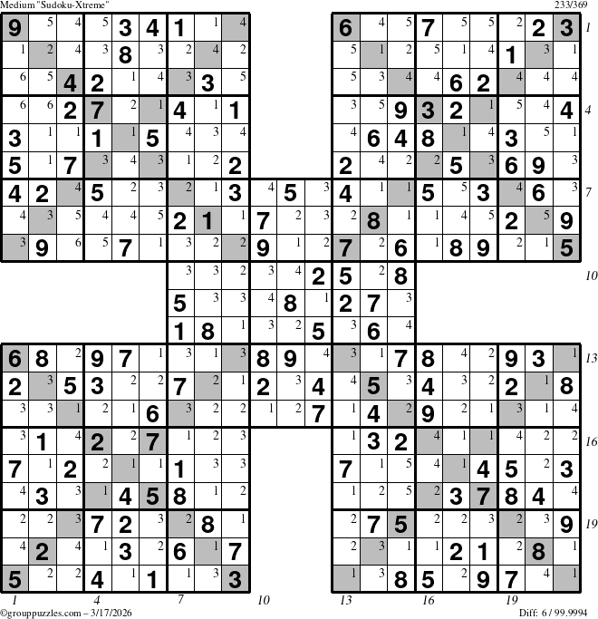 The grouppuzzles.com Medium Sudoku-Xtreme puzzle for Tuesday March 17, 2026 with all 6 steps marked