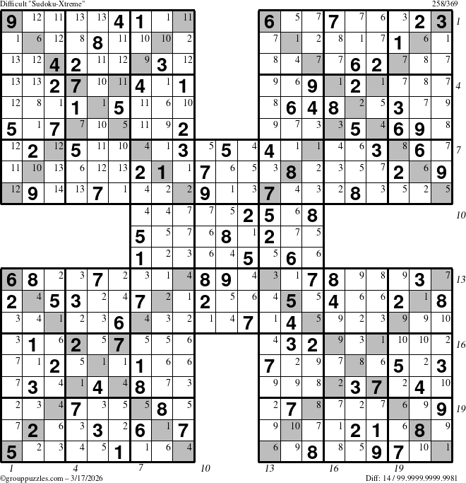 The grouppuzzles.com Difficult Sudoku-Xtreme puzzle for Tuesday March 17, 2026, suitable for printing, with all 14 steps marked