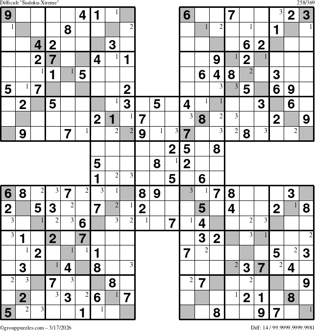 The grouppuzzles.com Difficult Sudoku-Xtreme puzzle for Tuesday March 17, 2026 with the first 3 steps marked