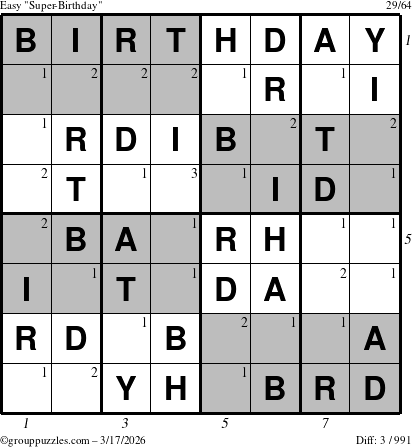 The grouppuzzles.com Easy Super-Birthday puzzle for Tuesday March 17, 2026 with all 3 steps marked